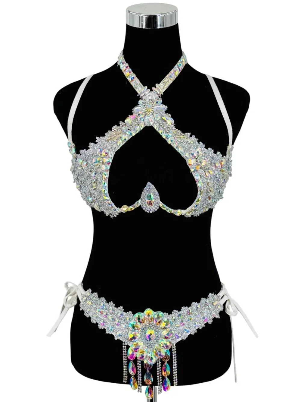Silver Crystal Rhinestone Bra & Belt Set | Samba Coachella Rave Festival Dancer - Picture 2 of 13